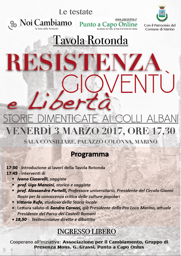 Marino: il 3 marzo si parla di Resistenza, gioventù e libertà, ripercorrendo la Storia della Resistenza nei Castelli Romani e a Marino