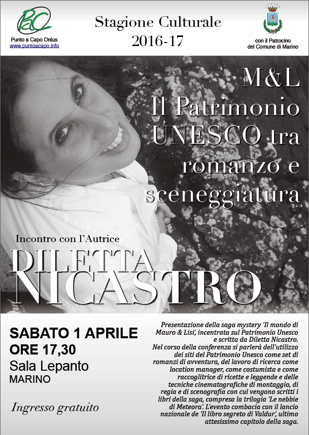 Il 1° aprile Diletta Nicastro a Marino tra misteri, Storia, letteratura, cinema e luoghi patrimonio dell’UNESCO