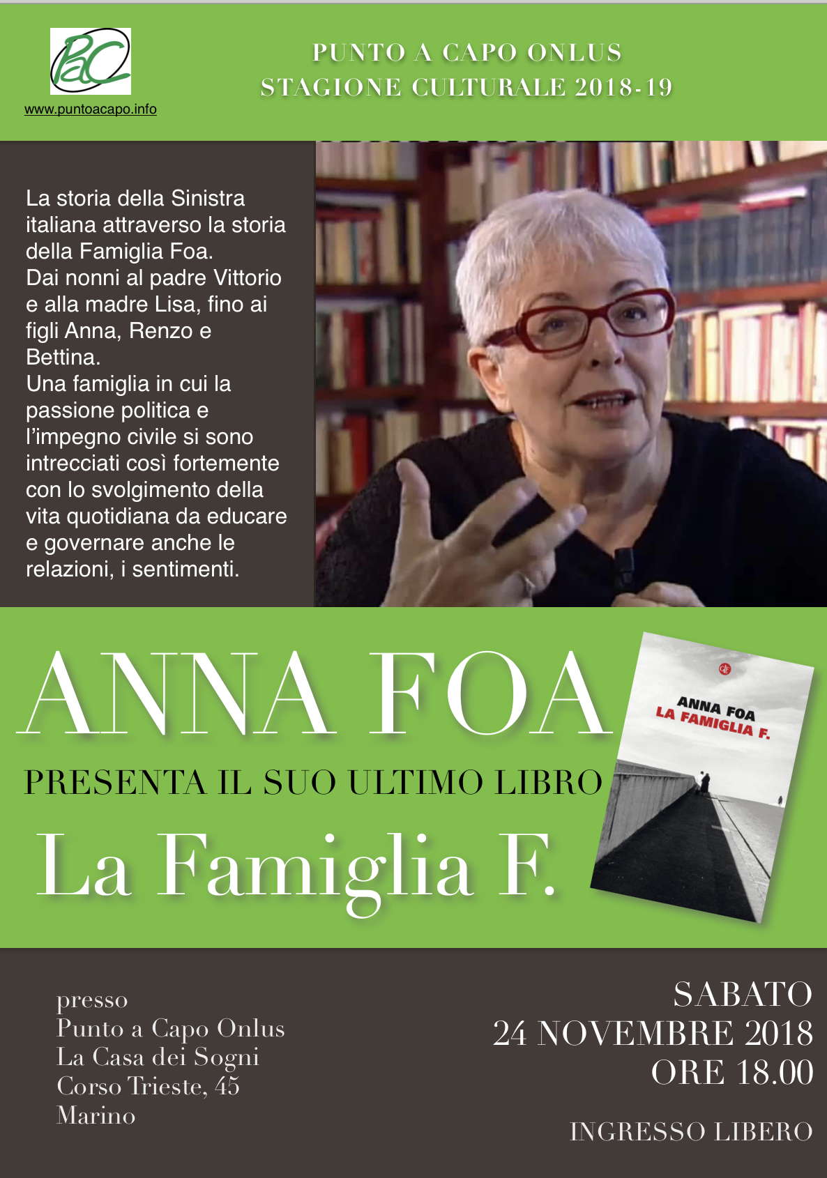 Marino: Anna Foa, storica e scrittrice, presenta a Punto a Capo Onlus il suo libro ‘La Famiglia F.’ il 24 novembre 2018